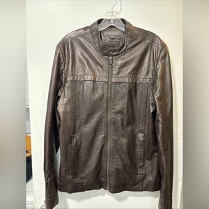 WITCHERY MAN Brown Leather Biker Moto Jacket Zip Up Zipper Sleeves Size M
